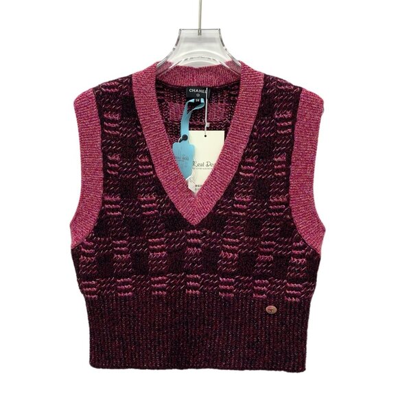 Chanel Rose Red Checkered Cashmere & Wool Blend V-Neck Knitted Vest Size 38 S Ma - Picture 1 of 8